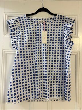 Vineyard Vines White Top with Blue Square Print